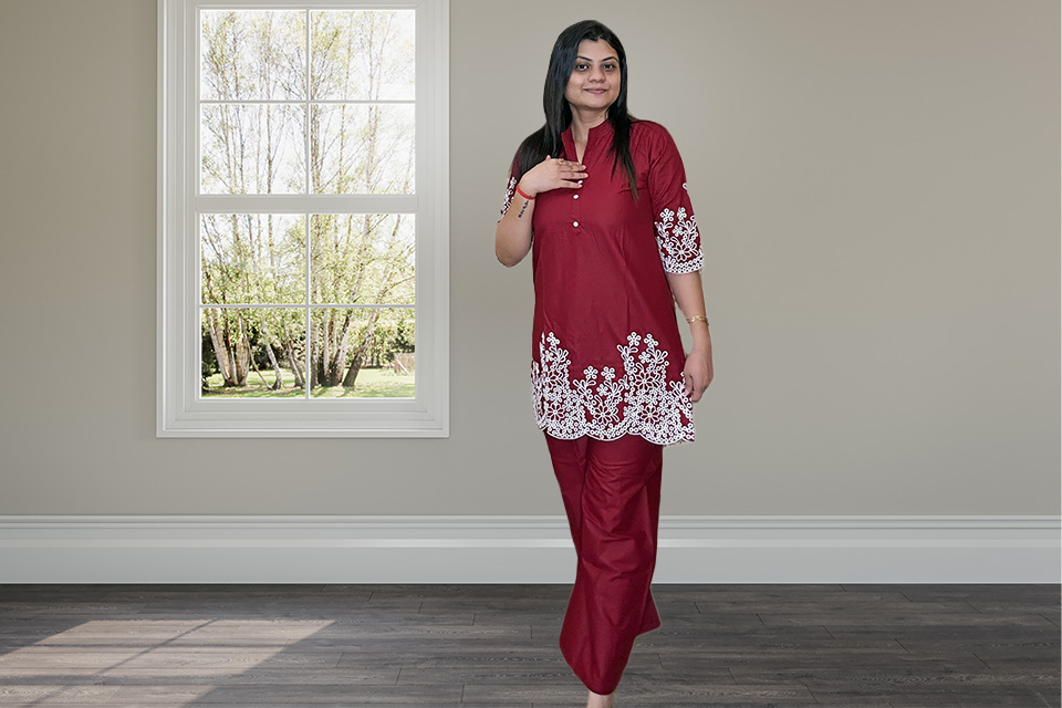 Elegant Maroon Cotton Silk Co-ord Set: Embroidery for Women Elegant Maroon Cotton Silk Co-ord Set: Embroidery for Women