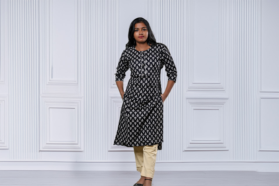Stylish Pure Cotton Black Printed Kurti for Women