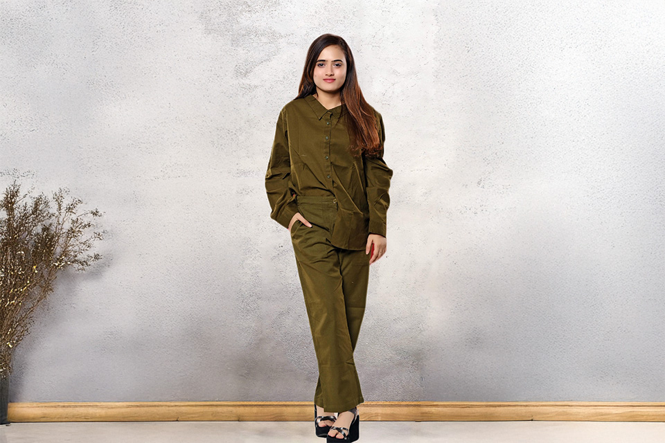 Chic Olive Green Cotton-Linen Co-Ord Set for Women