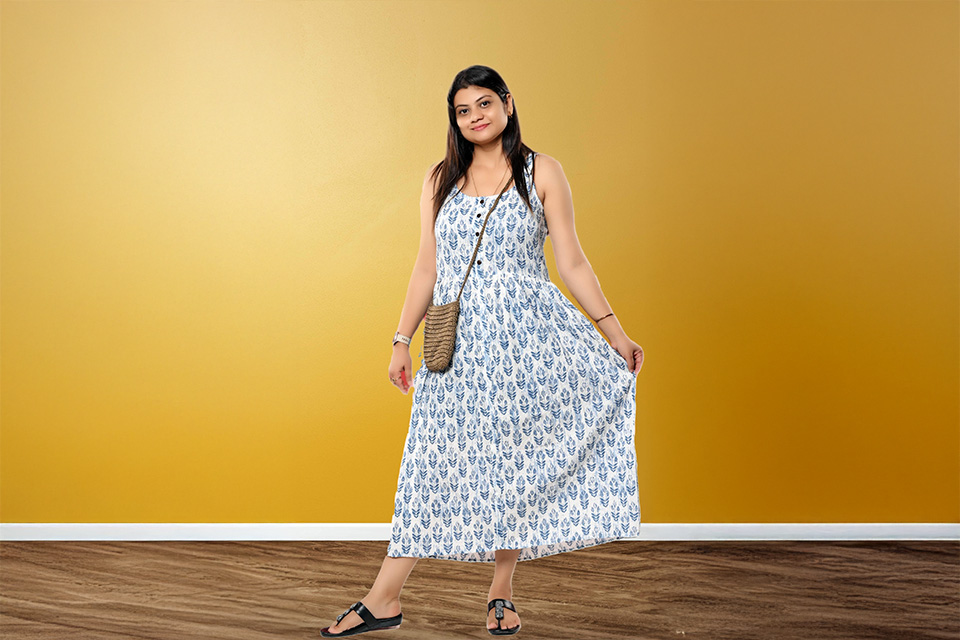 Elegant White Cotton Sleeveless Dress for Women - Shop Now