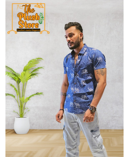 Cotton blue half men's shirt with white gajaraj print