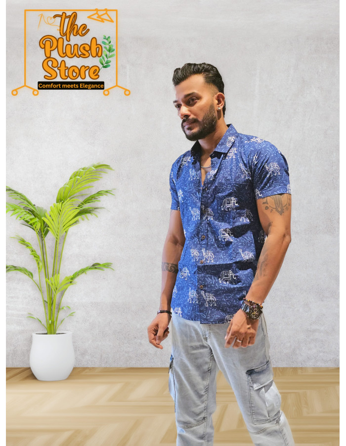 Cotton blue half men's shirt with white gajaraj print