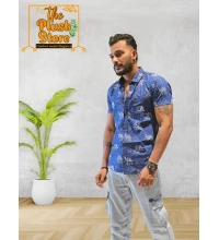 Cotton blue half men's shirt with white gajaraj print