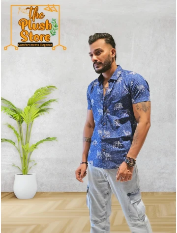 Cotton blue half men's shirt with white gajaraj print  Cotton blue half men's shirt with white gajaraj print data-sizes=