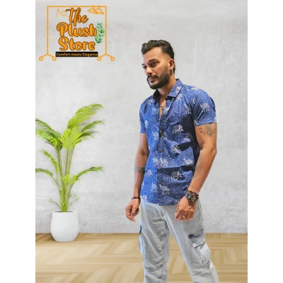 Cotton blue half men's shirt with white gajaraj print