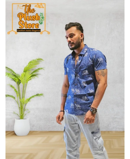 Cotton blue half men's shirt with white gajaraj print
