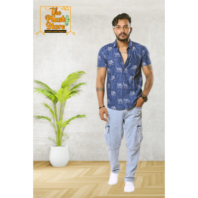Cotton blue half men's shirt with white gajaraj print