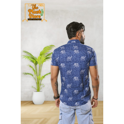 Cotton blue half men's shirt with white gajaraj print
