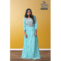 Pure Cotton Long Sky Blue Gown with embroidery work For women
