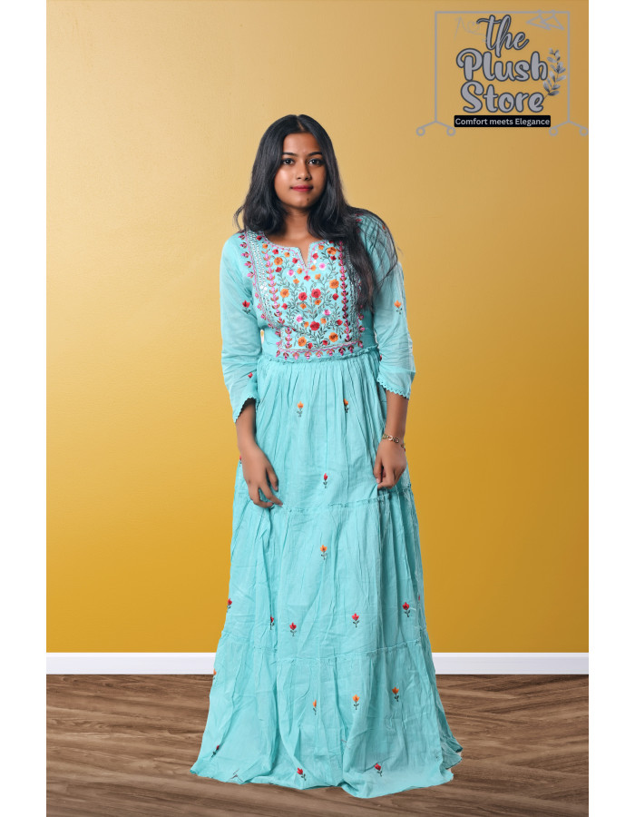 Pure Cotton Long Sky Blue Gown with embroidery work For women