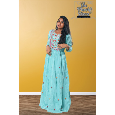 Pure Cotton Long Sky Blue Gown with embroidery work For women
