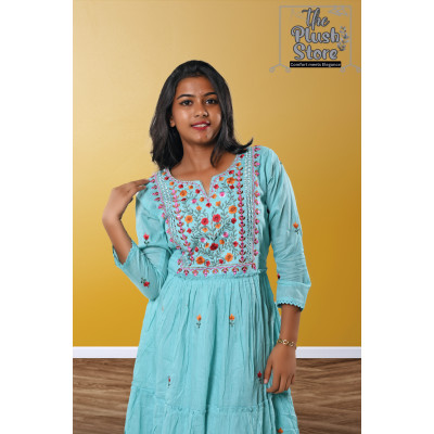 Pure Cotton Long Sky Blue Gown with embroidery work For women