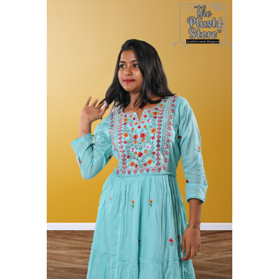 Pure Cotton Long Sky Blue Gown with embroidery work For women