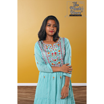 Pure Cotton Long Sky Blue Gown with embroidery work For women