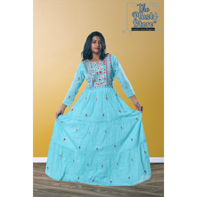 Pure Cotton Long Sky Blue Gown with embroidery work For women