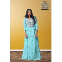 Pure Cotton Long Sky Blue Gown with embroidery work For women