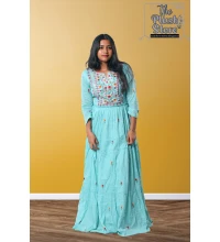 Pure Cotton Long Sky Blue Gown with embroidery work For women