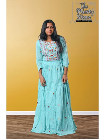 Pure Cotton Long Sky Blue Gown with embroidery work For women  Pure Cotton Long Sky Blue Gown with embroidery work For women data-sizes=