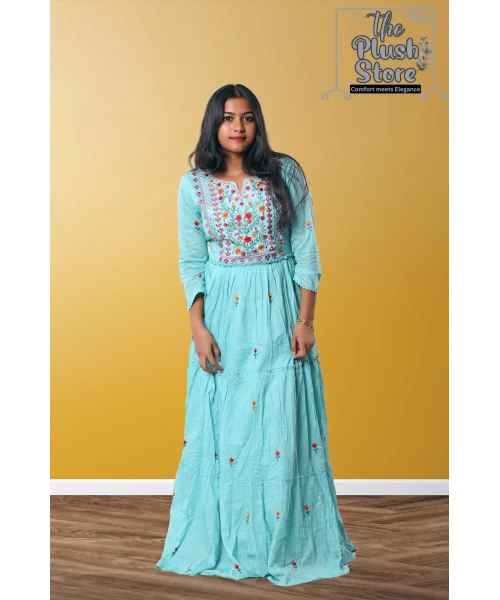 Pure Cotton Long Sky Blue Gown with embroidery work For women