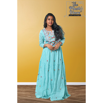 Pure Cotton Long Sky Blue Gown with embroidery work For women