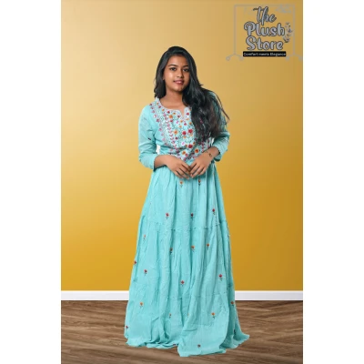 Pure Cotton Long Sky Blue Gown with embroidery work For women