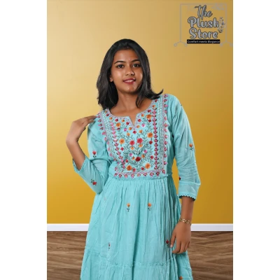 Pure Cotton Long Sky Blue Gown with embroidery work For women