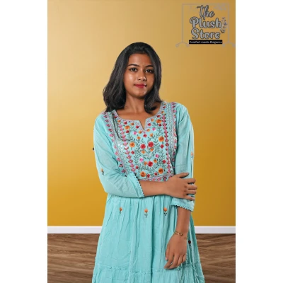Pure Cotton Long Sky Blue Gown with embroidery work For women