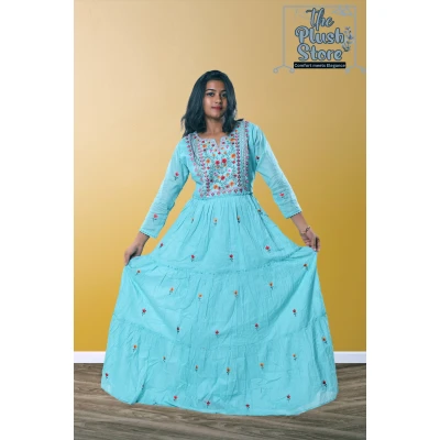 Pure Cotton Long Sky Blue Gown with embroidery work For women