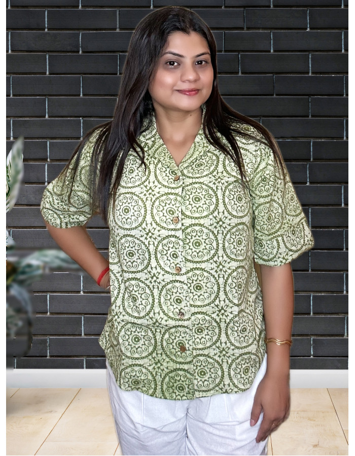 A model wearing Hand Block Pure Cotton Shirt For Women A model wearing Hand Block Pure Cotton Shirt For Women