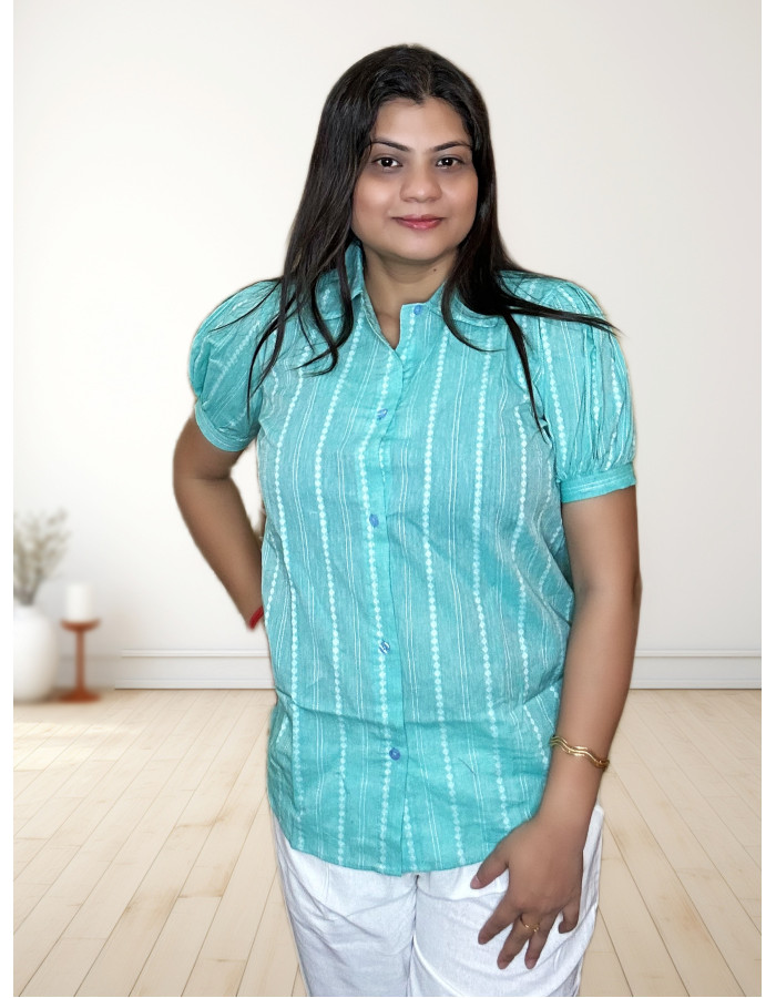 A model wearing Pure Cotton Handwoven Top For Women A model wearing Pure Cotton Handwoven Top For Women