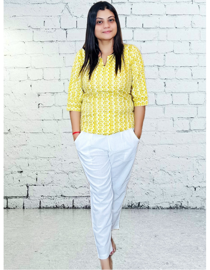 A model wearing Hand Block Printed Top For Women A model wearing Hand Block Printed Top For Women