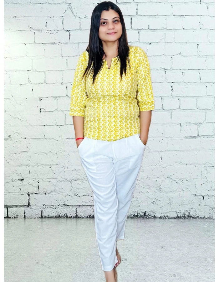 A model wearing Hand Block Printed Top For Women A model wearing Hand Block Printed Top For Women