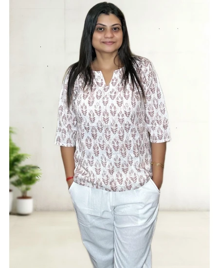 White Pure Cotton Katha Top For Women