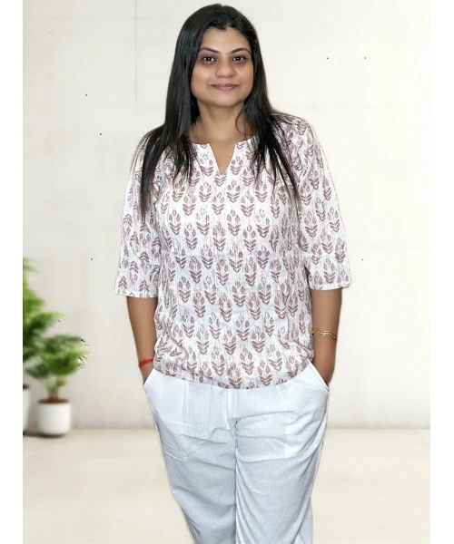 White Pure Cotton Katha Top For Women