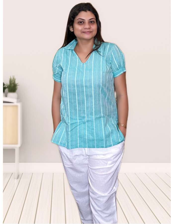 A model wearing Handwoven Kantha Top For Women A model wearing Handwoven Kantha Top For Women