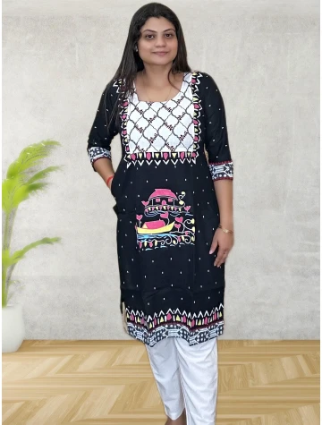 Black Pure Cotton Hand Art Kurti For Women  Black Pure Cotton Hand Art Kurti For Women data-sizes=