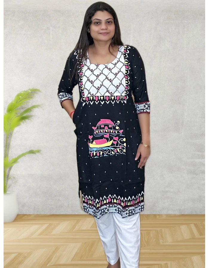 Black Pure Cotton Hand Art Kurti For Women