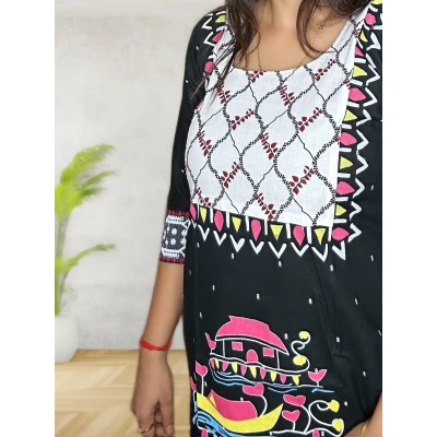 Black Pure Cotton Hand Art Kurti For Women