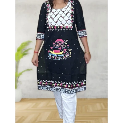 Black Pure Cotton Hand Art Kurti For Women