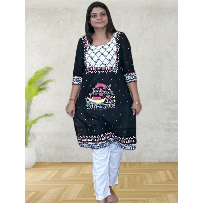 Black Pure Cotton Hand Art Kurti For Women