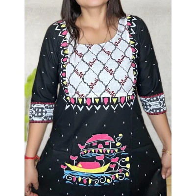 Black Pure Cotton Hand Art Kurti For Women