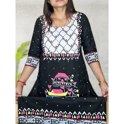 Black Pure Cotton Hand Art Kurti For Women