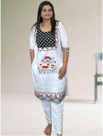 White Pure Cotton Hand Art Kurti For Women  White Pure Cotton Hand Art Kurti For Women data-sizes=