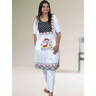 White Pure Cotton Hand Art Kurti For Women