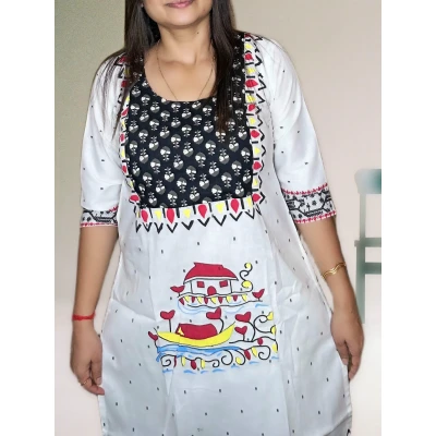 White Pure Cotton Hand Art Kurti For Women