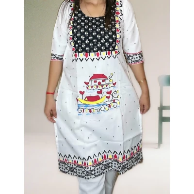 White Pure Cotton Hand Art Kurti For Women