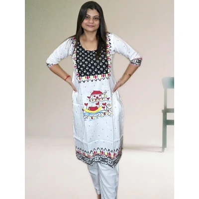 White Pure Cotton Hand Art Kurti For Women