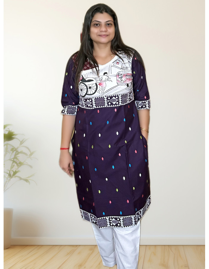A model wearing Pure Cotton Painted Kurti For Women A model wearing Pure Cotton Painted Kurti For Women