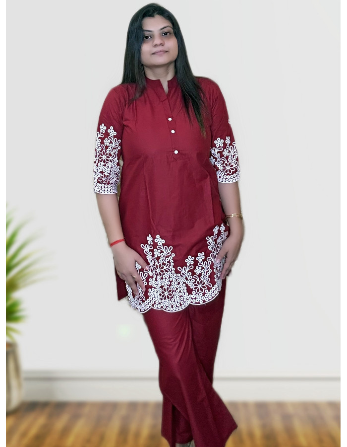 Maroon Cotton Silk Co-ord Set With Embroidery For Women