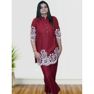 Maroon Cotton Silk Co-ord Set With Embroidery For Women